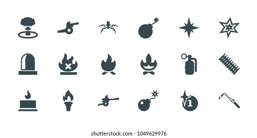 Fire icons. set of 18 editable filled fire icons: explosion, blowtorch, bonfire, no fire, bomb, siren, torch, dynamite, cannon, ammo, candle