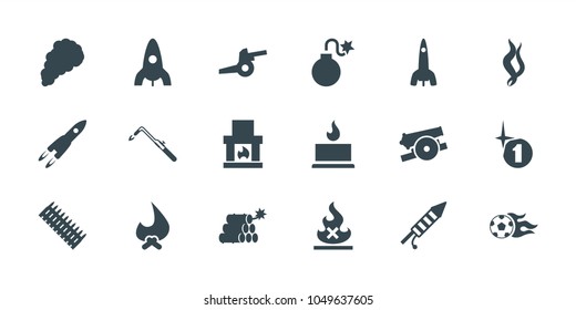 Fire icons. set of 18 editable filled fire icons: rocket, blowtorch, fireplace, bonfire, fireworks, smoke, football ball, dynamite, cannon, ammo, candle, explosion