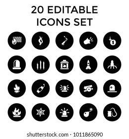 Fire icons. set of 20 editable filled fire icons such as siren, explosion, rocket, bomb, brick wall fire, candle, smoke. best quality fire elements in trendy style.