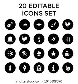 Fire icons. set of 20 editable filled fire icons such as siren, chicken, explosion, rocket, candle, disc flame, bomb, firework. best quality fire elements in trendy style.