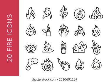 Fire icons. Set of 20 fire trendy minimal icons. Example: Flame, Lighter, Burning House, Fire Skull, Burning Heart icons. Design signs for web page, mobile app, packaging design. Vector illustration.