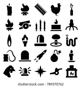 Fire icons. set of 25 editable filled fire icons such as siren, chicken, water hose, rocket, candle, fireplace, flame, torch, explosion, smoking can, cannon, ammo, dynamite