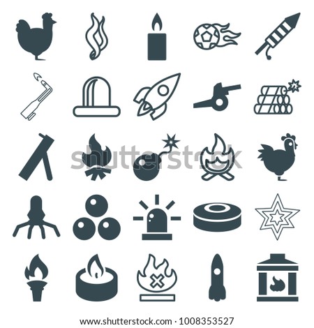 Fire icons. set of 25 editable filled and outline fire icons such as chicken, rocket, bomb, fireworks, candle, torch, smoke bomb, canon ball, cannon, no fire, siren, smoke