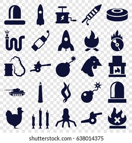 Fire icons set. set of 25 fire filled icons such as chicken, rocket, explosion, water hose, no fire, siren, bomb, cd fire, fireworks, firework, candle, smoke, dynamite