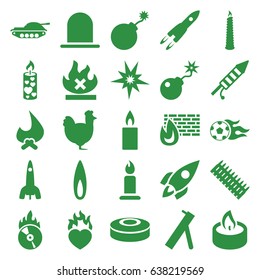 Fire icons set. set of 25 fire filled icons such as chicken, siren, candle, explosion, no fire, heart in fire, bomb, flame, football ball, rocket, smoke bomb, cannon, ammo