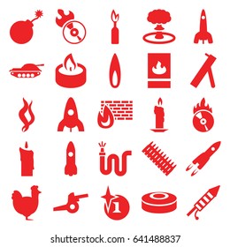 Fire icons set. set of 25 fire filled icons such as chicken, rocket, explosion, water hose, disc flame, cd fire, candle, smoke, flame, smoke bomb, cannon, ammo, tank