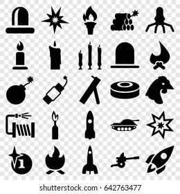 Fire icons set. set of 25 fire filled icons such as chicken, siren, candle, explosion, water hose, firework, torch, rocket, bonfire, dynamite, smoke bomb, cannon, tank