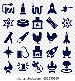 Fire icons set. set of 25 fire filled icons such as chicken, rocket, candle, siren, explosion, water hose, disc flame, fireplace, bonfire, smoke bomb, smoking can, cannon