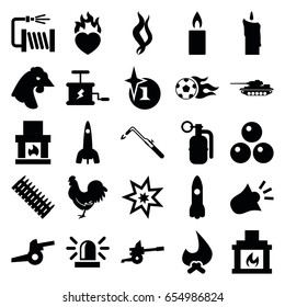 Fire icons set. set of 25 fire filled icons such as chicken, siren, explosion, blowtorch, water hose, heart in fire, candle, fireplace, smoke, football ball, rocket, dynamite