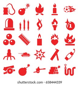 Fire icons set. set of 25 fire filled icons such as candle, explosion, water hose, no fire, heart in fire, bomb, smoke, siren, football ball, torch, dynamite, smoking can