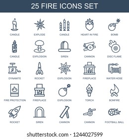 fire icons. Set of 25 outline fire icons included candle, explode, heart in fire, bomb, explosion, siren, cannon on white background. Editable fire icons for web, mobile and infographics.
