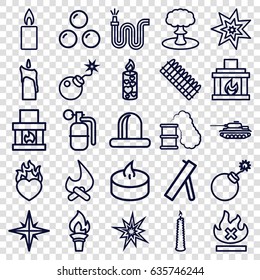 Fire icons set. set of 25 fire outline icons such as explosion, water hose, no fire, siren, candle, heart in fire, bomb, dynamite, smoking can, canon ball, cannon, ammo, tank