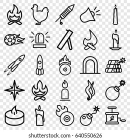 Fire icons set. set of 25 fire outline icons such as siren, chicken, candle, explosion, disc flame, bomb, cd fire, fireworks, smoke, bonfire, dynamite, cannon, football ball