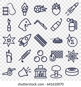 Fire icons set. set of 25 fire outline icons such as chicken, explosion, blowtorch, heart in fire, fireworks, firework, candle, siren, rocket, dynamite, smoke bomb