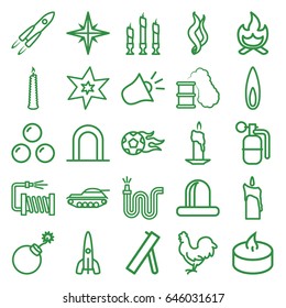 Fire icons set. set of 25 fire outline icons such as siren, chicken, explosion, water hose, candle, smoke, flame, bonfire, rocket, dynamite, smoking can, canon ball, cannon