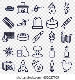 Fire icons set. set of 25 fire outline icons such as chicken, rocket, candle, water hose, disc flame, cd fire, fireworks, smoke, flame, siren, explosion, smoke bomb