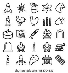Fire icons set. set of 25 fire outline icons such as siren, chicken, rocket, explosion, water hose, no fire, fireworks, candle, fireplace, smoke, bonfire, dynamite, ammo