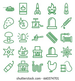 Fire icons set. set of 25 fire outline icons such as chicken, siren, explosion, water hose, no fire, fireworks, firework, fireplace, smoke, rocket, dynamite, smoking can