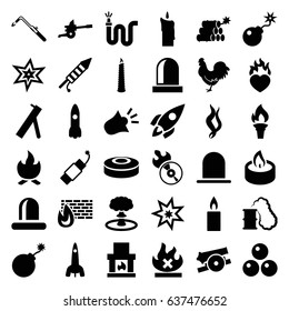 Fire icons set. set of 36 fire filled icons such as chicken, siren, explosion, blowtorch, water hose, no fire, heart in fire, disc flame, bomb, fireworks, firework, candle