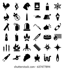 Fire icons set. set of 36 fire filled icons such as chicken, explosion, blowtorch, water hose, no fire, disc flame, fireworks, firework, candle, smoke, flame, siren, torch