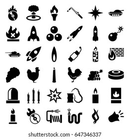 Fire icons set. set of 36 fire filled icons such as chicken, rocket, candle, blowtorch, water hose, no fire, disc flame, bomb, smoke, flame, siren, torch, dynamite, explosion