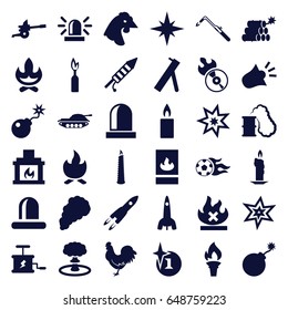 Fire icons set. set of 36 fire filled icons such as chicken, siren, explosion, blowtorch, no fire, disc flame, bomb, fireworks, candle, fireplace, smoke, football ball, torch