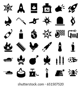 Fire icons set. set of 36 fire filled icons such as chicken, siren, rocket, explosion, blowtorch, water hose, no fire, cd fire, firework, candle, smoke, football ball