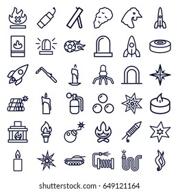 Fire icons set. set of 36 fire outline icons such as siren, chicken, rocket, explosion, blowtorch, water hose, no fire, bomb, fireworks, firework, candle, fireplace, smoke