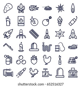 Fire icons set. set of 36 fire outline icons such as chicken, rocket, explosion, blowtorch, water hose, siren, heart in fire, firework, fireplace, candle, smoke, flame