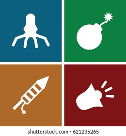 Fire icons set. set of 4 fire filled icons such as explosion, fireworks, siren