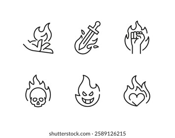 Fire icons. Set of 6 fire trendy minimal icons. Example: Flame, Lighter, Burning House, Fire Skull, Burning Heart icons. Design signs for web page, mobile app, packaging design. Vector illustration.