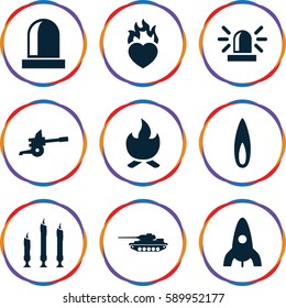 fire icons set. Set of 9 fire filled icons such as rocket, siren, heart in fire, candle, flame, bonfire, cannon
