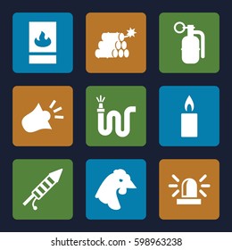 fire icons set. Set of 9 fire filled icons such as chicken, siren, water hose, fireworks, candle, fire protection