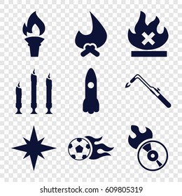 Fire icons set. set of 9 fire filled icons such as blowtorch, no fire, disc flame, candle, football ball, torch, explosion, rocket