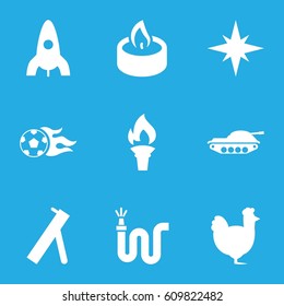 Fire icons set. set of 9 fire filled icons such as chicken, rocket, water hose, candle, football ball, torch, explosion, cannon