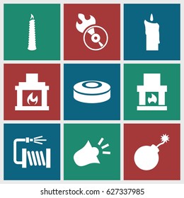 Fire icons set. set of 9 fire filled icons such as explosion, water hose, disc flame, fireplace, candle, siren