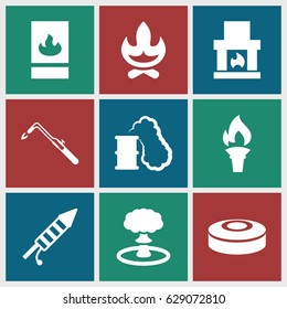 Fire icons set. set of 9 fire filled icons such as blowtorch, fireworks, fire protection, torch, explosion, smoke bomb, smoking can, bonfire