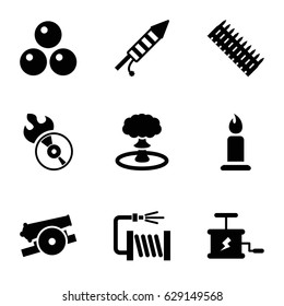 Fire icons set. set of 9 fire filled icons such as candle, water hose, disc flame, fireworks, dynamite, explosion, cannon, canon ball