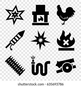 Fire icons set. set of 9 fire filled icons such as chicken, explosion, water hose, no fire, fireworks, cannon, ammo, explode