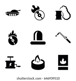 Fire icons set. set of 9 fire filled icons such as blowtorch, siren, disc flame, candle, dynamite, smoking can