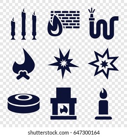 Fire icons set. set of 9 fire filled icons such as candle, water hose, explosion, smoke bomb, explode, fireplace, bonfire