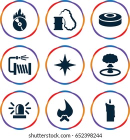 Fire icons set. set of 9 fire filled icons such as siren, water hose, cd fire, candle, explosion, smoke bomb, smoking can