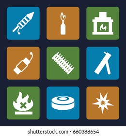 Fire icons set. set of 9 fire filled icons such as no fire, fireworks, firework, fireplace, smoke bomb, cannon, ammo, dynamite