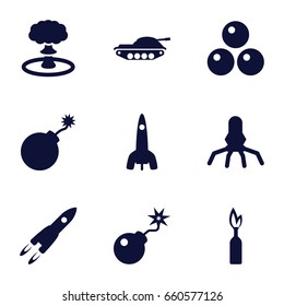 Fire icons set. set of 9 fire filled icons such as explosion, bomb, rocket, canon ball, tank