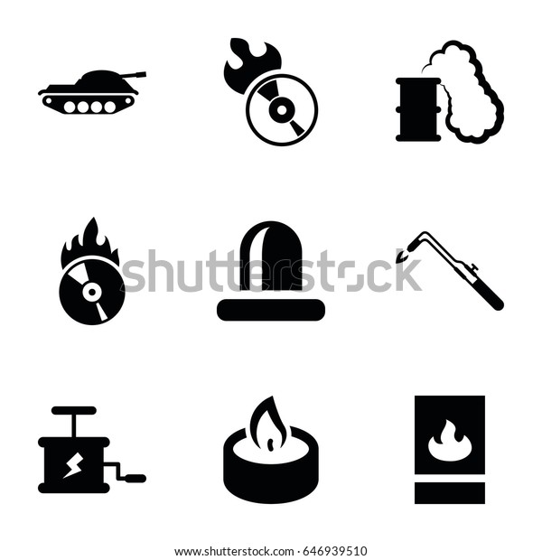 Fire icons set.\
set of 9 fire filled icons such as blowtorch, siren, disc flame,\
candle, dynamite, smoking\
can