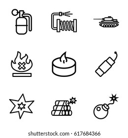 Fire icons set. set of 9 fire outline icons such as explosion, water hose, no fire, bomb, firework, candle, dynamite