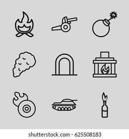 Fire icons set. set of 9 fire outline icons such as siren, explosion, disc flame, fireplace, smoke, bonfire, cannon, tank
