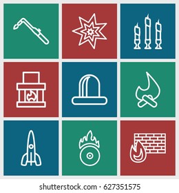 Fire icons set. set of 9 fire outline icons such as blowtorch, siren, CD fire, candle, rocket, explosion