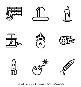 Fire icons set. set of 9 fire outline icons such as siren, bomb, CD fire, dynamite, football ball, rocket