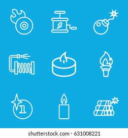 Fire icons set. set of 9 fire outline icons such as explosion, water hose, disc flame, bomb, candle, dynamite